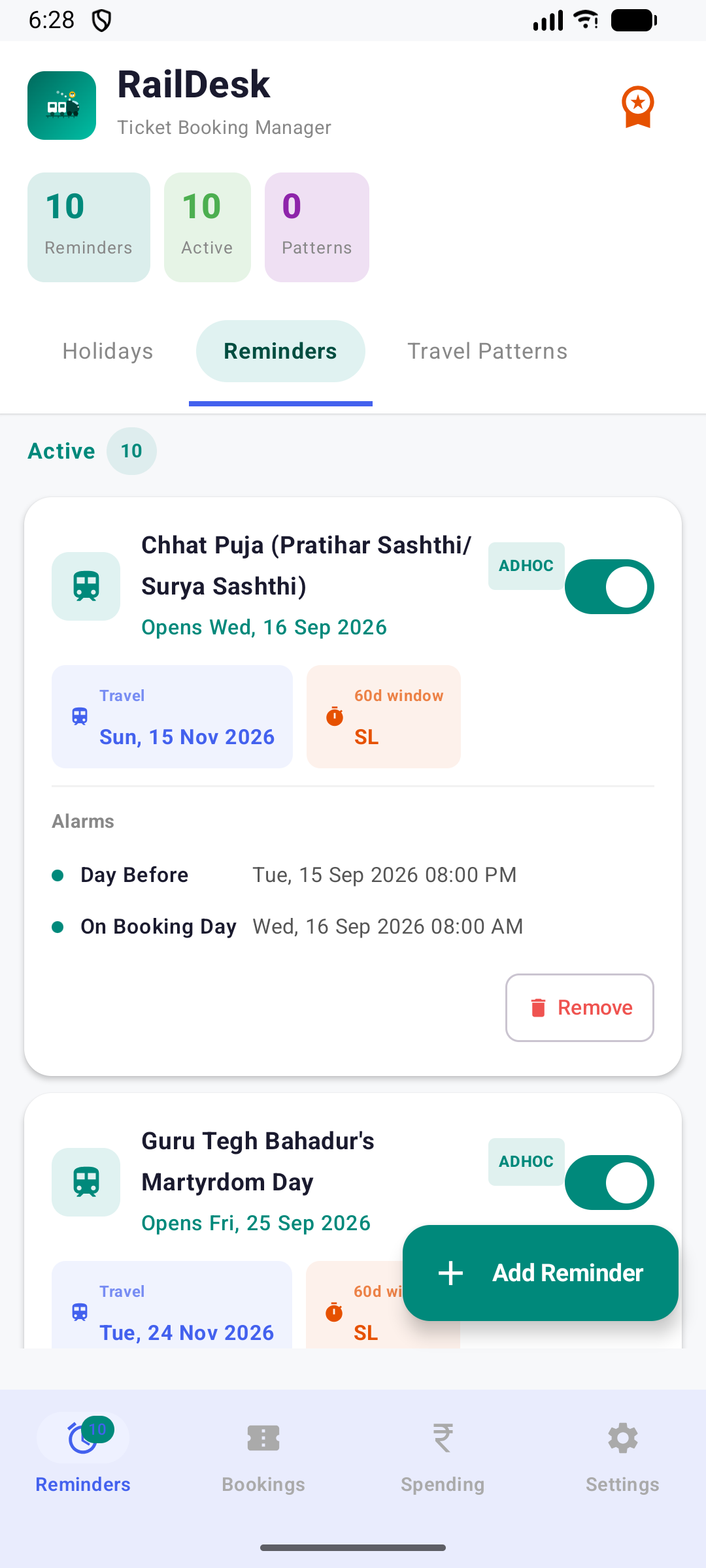 RailDesk Reminders screen showing an active booking-window alert with day-before and open-day alarm times