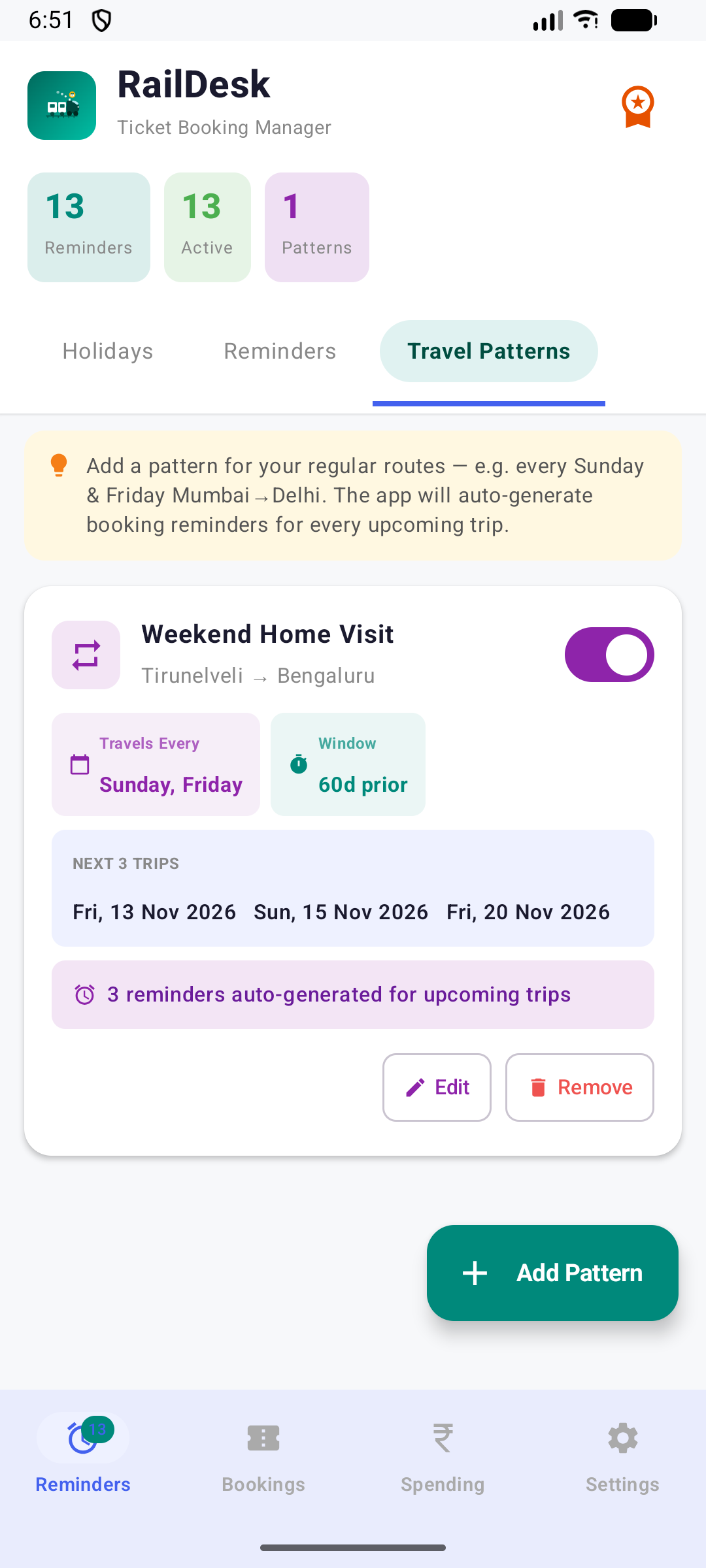 Travel Patterns tab showing a route recurring every Sunday and Friday