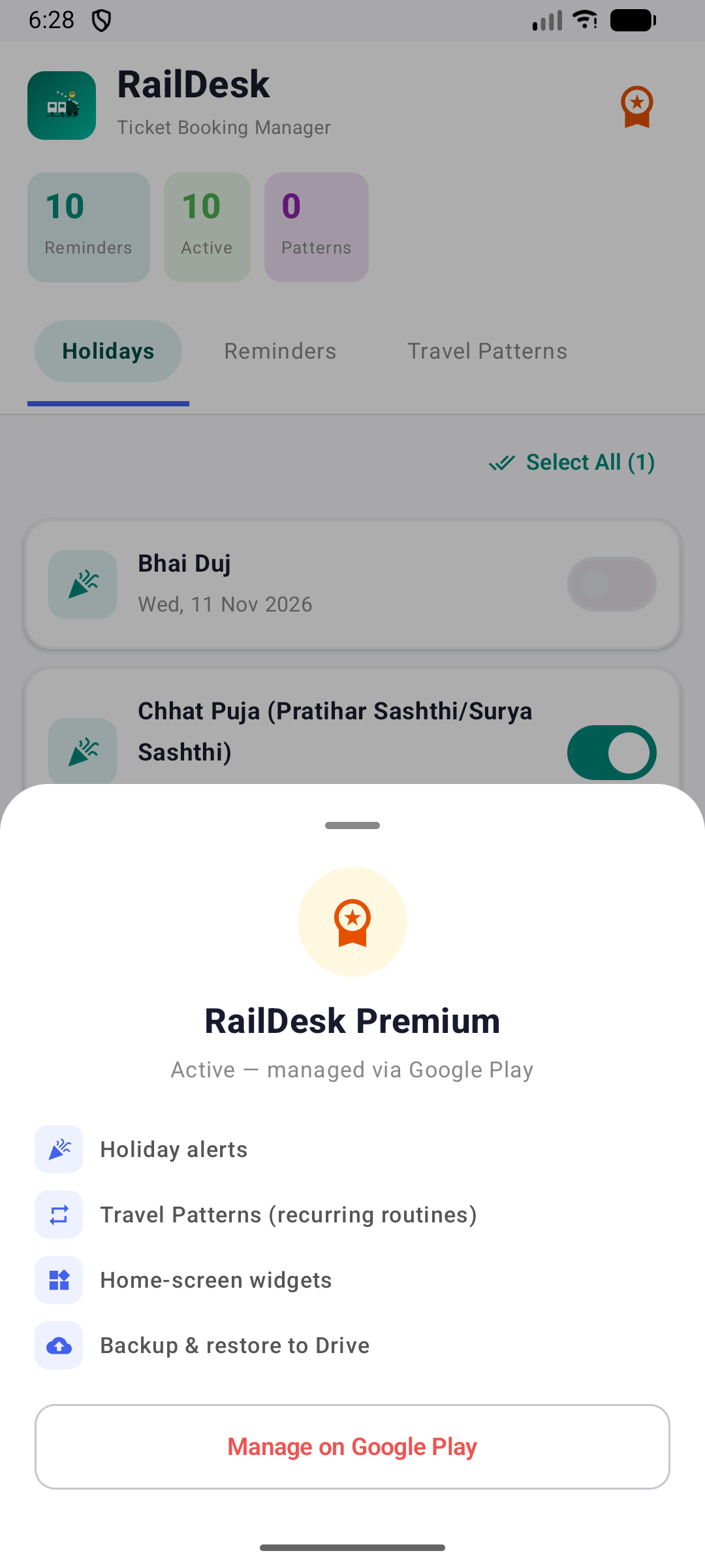 RailDesk Premium subscription sheet listing premium features