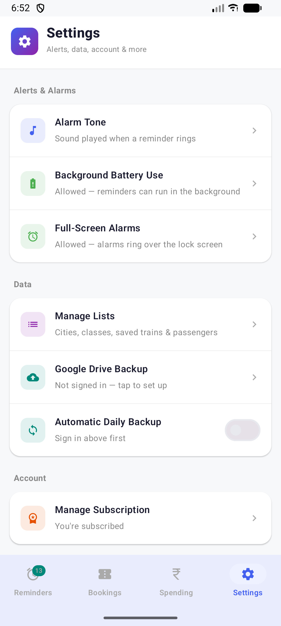 Settings screen with alerts, Drive backup, and subscription grouped together