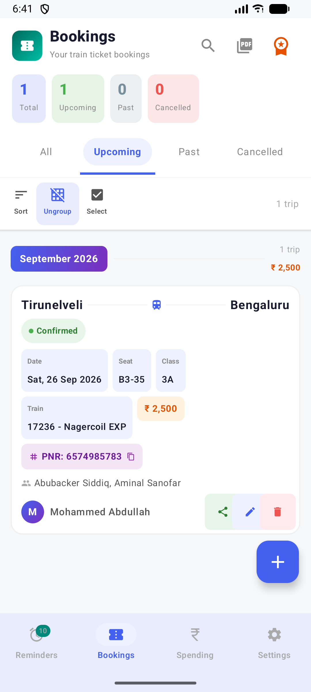 Bookings list with a confirmed Tirunelveli to Bengaluru trip